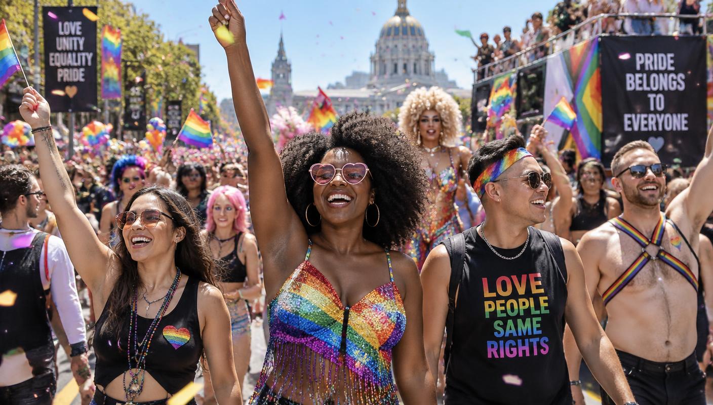 Multidão diversa celebrando em uma parada do orgulho LGBT com bandeiras arco-íris